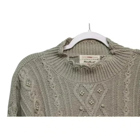 Vintage 90s Cable Knit Sweater Size Large Green Ramie Cotton Beaded Hand Knit - Picture 7 of 13